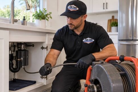 Drain Town Rooter technician providing drain cleaning in Orange County
